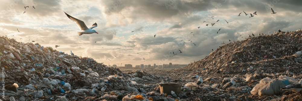 Poster seagulls soaring above a massive landfill with clouds and city skyline in the distance during golden
