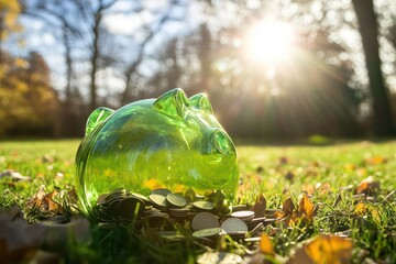 An eco-friendly piggy bank made from green glass and natural wood, sitting on a grassy field with the sun shining brightly and coins partially buried in the soil