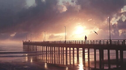 Obraz premium A serene pier at sunset, with a figure standing and a bird flying over calm waters.