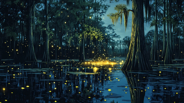 A firefly-lit night in a southern swamp forest the trees reflected in still waters. Mystify. Illustration