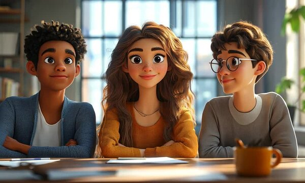 Three animated characters seated at a table, smiling and engaging.