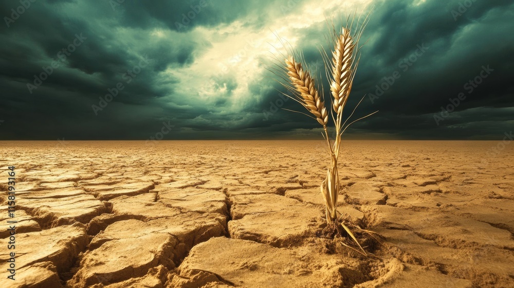 Poster Desolation in a dry field marked by a lonely stalk of withered wheat under ominous skies. Generative AI