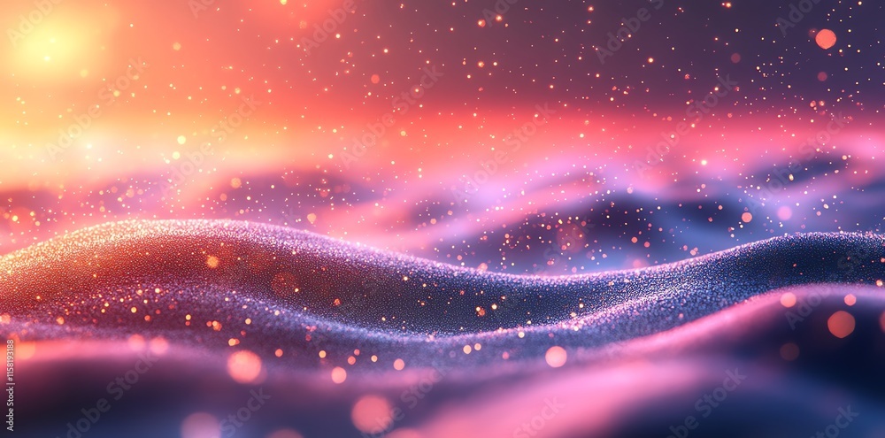 Poster Abstract depiction of waves with sparkling particles in a colorful gradient background.