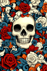 A skull is surrounded by flowers and leaves, giving the impression of a peaceful and serene scene