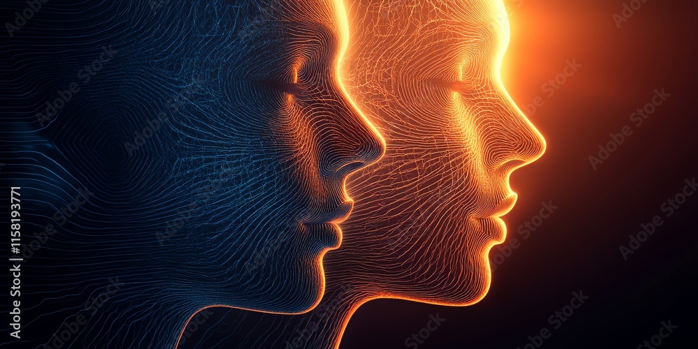 Aufkleber Two stylized profiles illuminated by contrasting colors, suggesting duality and connection.