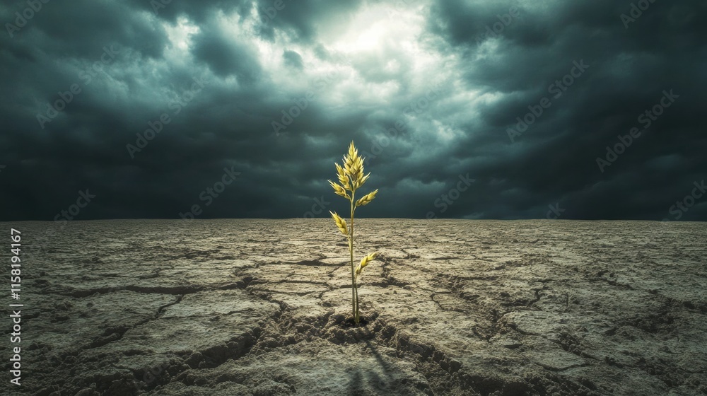 Poster dry barren field with a single stalk of withered wheat amidst dark stormy clouds and cracked earth u