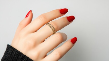 Elegant Hand with Red Nails Displaying Delicate Gold Ring on Neutral Background