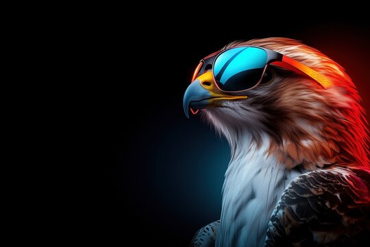 Cool Hawk Wearing Sunglasses Neon Red Blue Background