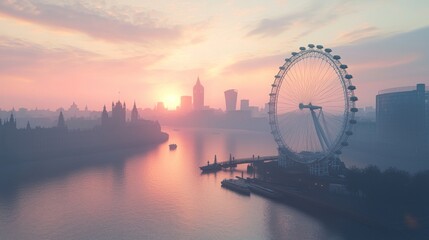 Obraz premium A serene sunset over a river, featuring the iconic Ferris wheel and city skyline.