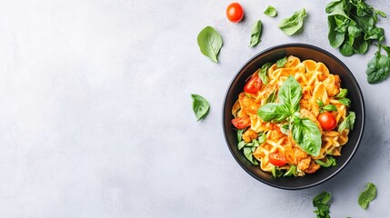 Fresh Pasta Dish with Cherry Tomatoes and Basil Leaves on Gray Table
