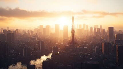 Naklejka premium A cityscape at sunset featuring a prominent tower amidst urban buildings and a river.