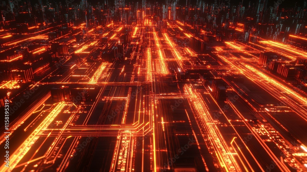 Poster High-Tech Microchip Surface with Glowing Graphics
