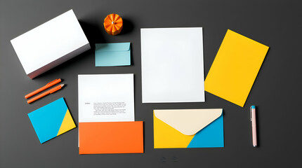 Vibrant stationery mockups complementary contrasting colors, balanced tones, bold hues, saturated colors, high contrast