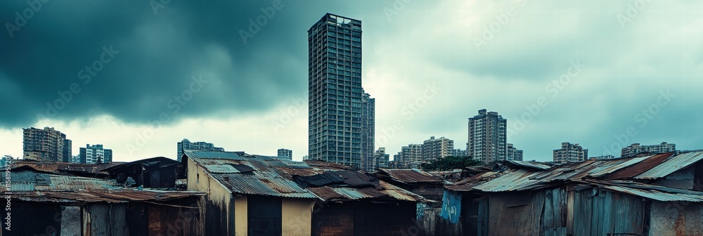 Aufkleber luxury skyscraper stands in contrast to rundown shacks in urban landscape with cloudy sky and space 