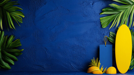 vibrant beach themed backdrop featuring tropical leaves, yellow surfboard, and decorative elements. Perfect for summer events or photo booths
