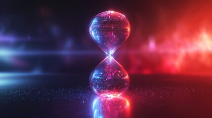 A futuristic hourglass made of light and particles, symbolizing time and technology.