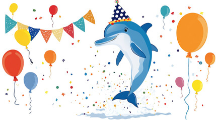 Fototapeta premium cheerful dolphin wearing party hat celebrates with colorful balloons and confetti