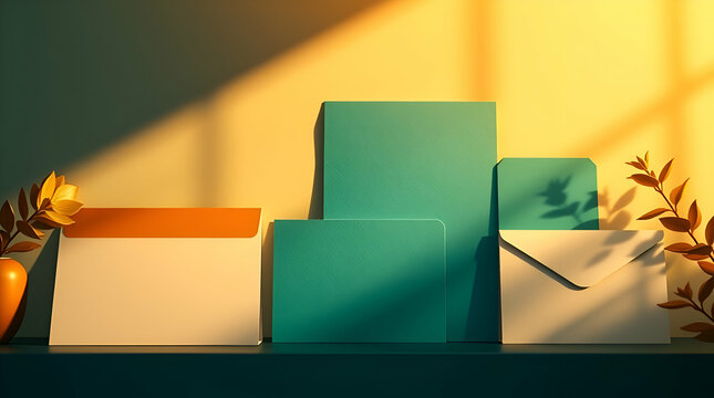 Stationery mockups bathed in rich deep teal and warm golden hour light, soft light evocative of sunrise or sunset, conveying luxury and vibrancy