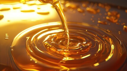 A stream of golden liquid creating ripples in a reflective surface.