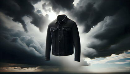 Denim A charcoal gray denim jacket appearing to hover in mid-air against a stormy sky, its silhouette cont4