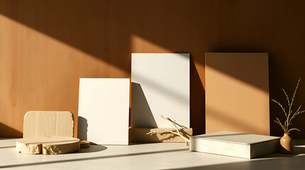 Stationery mockups in natural earth tones, high contrast, low-key lighting, deep shadows, dramatic effect, browns, beiges, muted colors