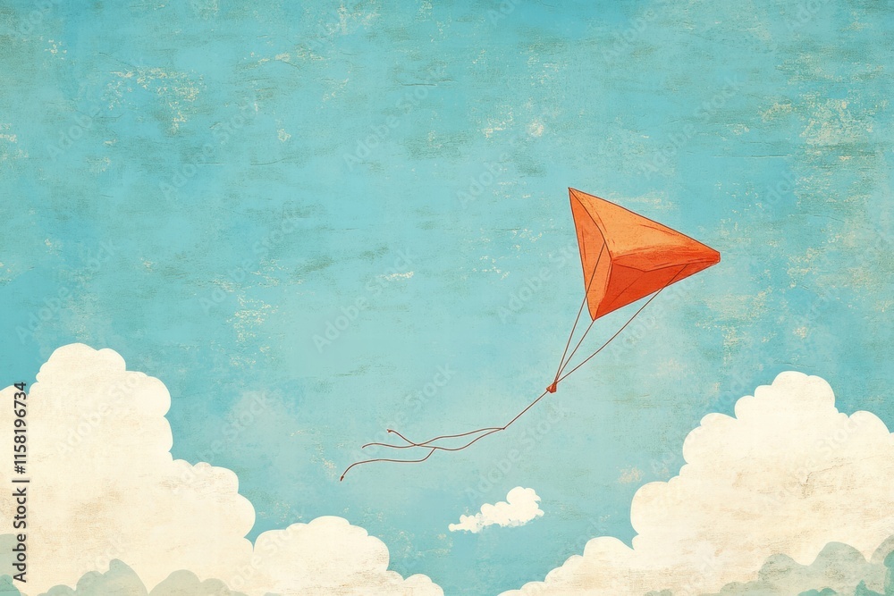 Poster colorful kite flying in a serene sky with fluffy clouds during a bright day. generative ai