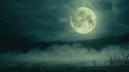 Fototapeta premium A serene night scene featuring a large moon over a misty landscape.