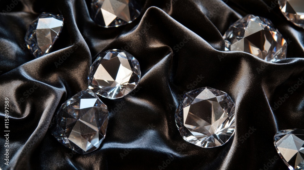 Aufkleber Large sparkling diamonds arranged on luxurious black fabric with space for text. Generative AI