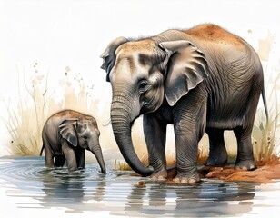 Fototapeta premium Elephant Mother and Calf in Artistic Watercolor Style