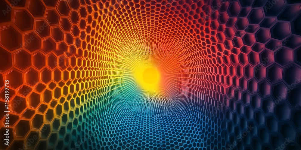 Poster A vibrant, abstract representation of a hexagonal pattern radiating light and color.