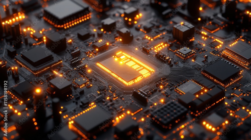 Poster microchips on tech surface in sharp light animation