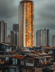 Obraz premium Luxury skyscraper contrasts with rundown shacks in urban landscape, showcasing economic disparity and development. Generative AI