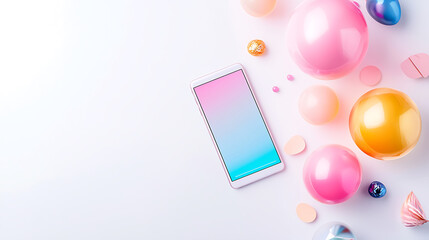 smartphone surrounded by colorful balloons and decorative items, creating vibrant and playful atmosphere