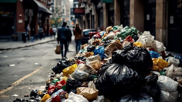 Uncollected garbage in the streets, people pass by the garbage, Urban and Environmental Pollution. 01-32.