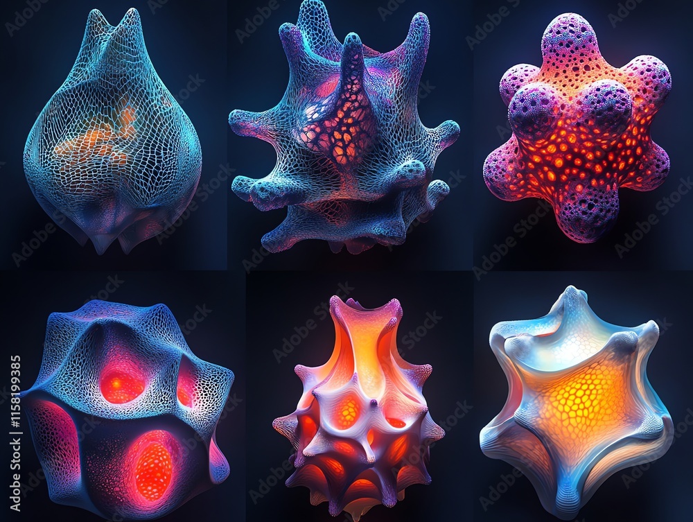 Poster Abstract 3D shapes with vibrant colors and intricate patterns, resembling organic structures.