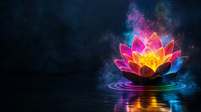glowing lotus flower radiates vibrant colors, surrounded by neon ripples in dark, mystical setting. serene beauty evokes sense of tranquility and wonder