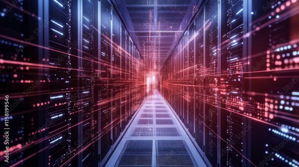 Poster modern server room with animated data visualization