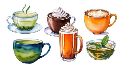 Watercolor Hot Drinks Latte Matcha Hot Chocolate Pumpkin Spice Herbal Tea