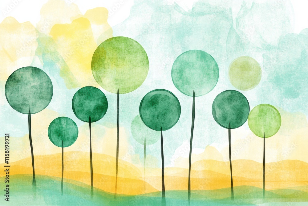 Poster Colorful naive art style landscape featuring round green trees with a soft background and ample space for creative text placement. Generative AI