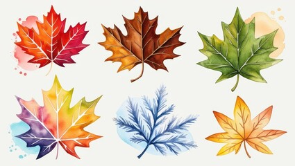 Fototapeta premium Colorful Autumn Leaves Watercolor Set Fall Foliage Maple Nature Seasonal Design Elements