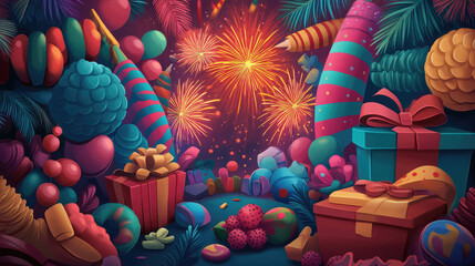 Fototapeta premium A colorful scene with fireworks and presents