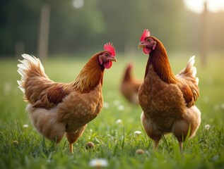 Fototapeta premium Chickens grazing on grass, free range farm