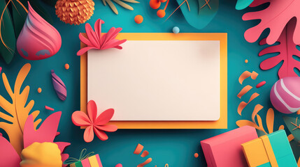 A colorful background with a white border