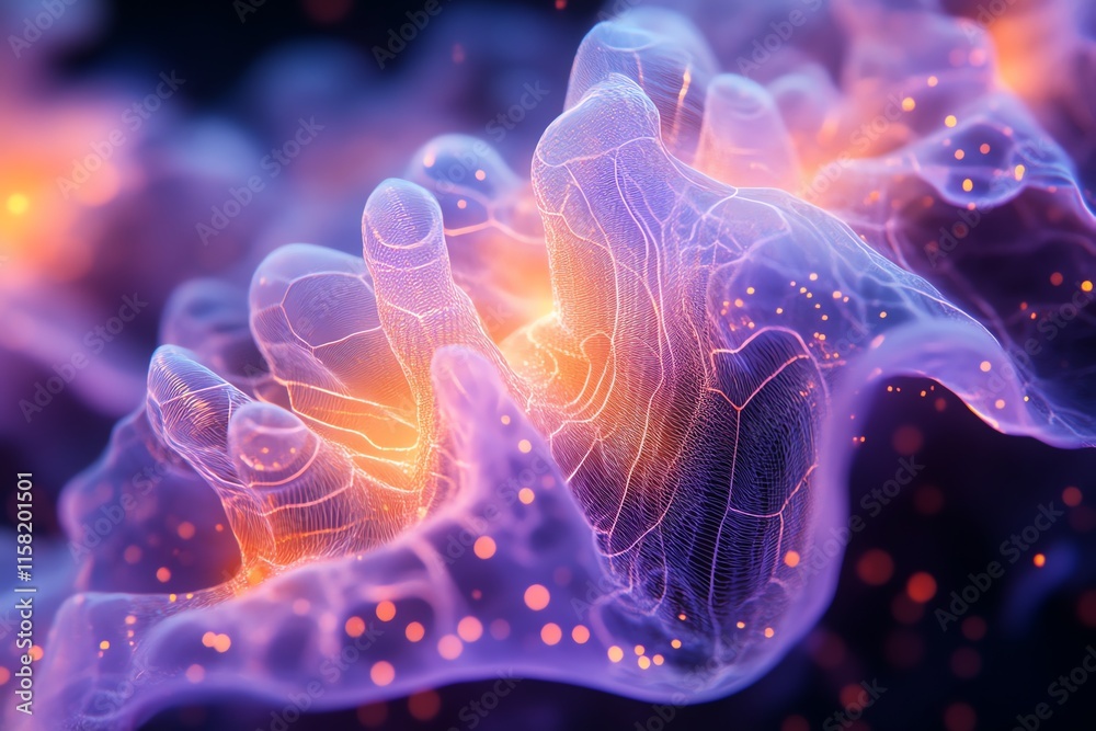 Aufkleber Abstract representation of organic shapes with glowing elements, resembling cellular structures.