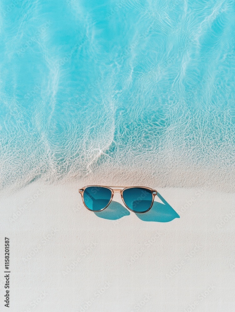 Poster refreshing summer vibes with stylish sunglasses on sandy beach and crystal clear water inviting rela