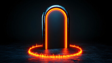 glowing portal with metallic arch and fiery edges, set against dark background, creates mystical atmosphere. vibrant colors evoke sense of adventure and intrigue