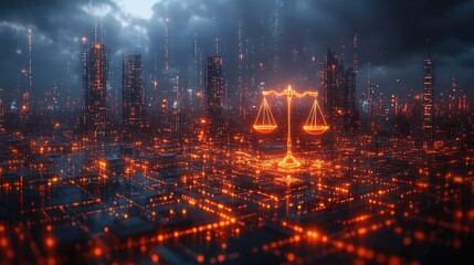 Futuristic Cityscape with Scales of Justice: A Digital Metropolis Illuminated by the Glow of Law and Order
