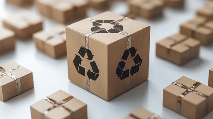A collection of cardboard boxes with recycling symbols, showcasing eco-friendly packaging among numerous gifts.
