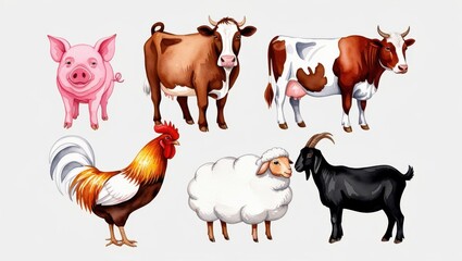 Fototapeta premium Watercolor Farm Animals Pig Cows Rooster Sheep Goat Illustration