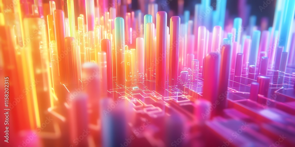 Aufkleber A vibrant, abstract representation of digital data with glowing pillars and circuitry.